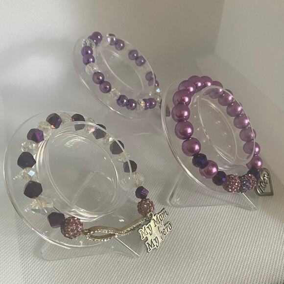 Purple Mom Charm Bracelet Set Crystal Beads Sparkle Beads Elastic Fit - Picture 3 of 17
